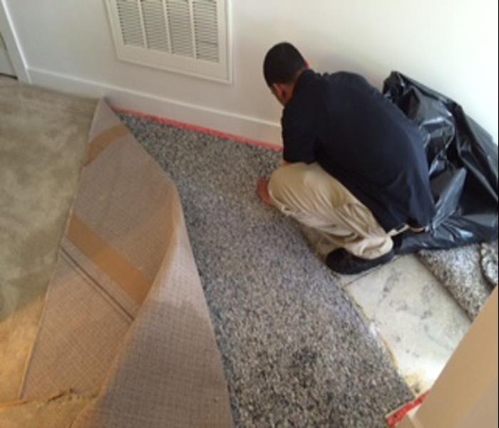 pulling up wet carpet in a room that was flooded