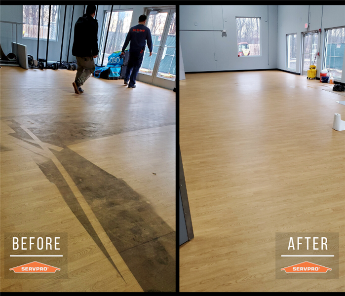 Before and after of a commercial laminate floor cleaning. Dirt and film from an aerosol spray covered the floor. After: Clean