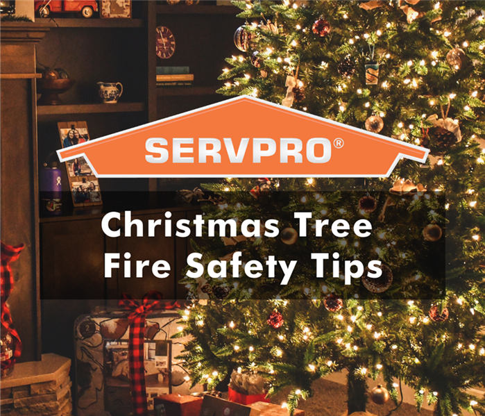 decorated christmas tree with servpro logo and text "christmas tree fire safety tips"